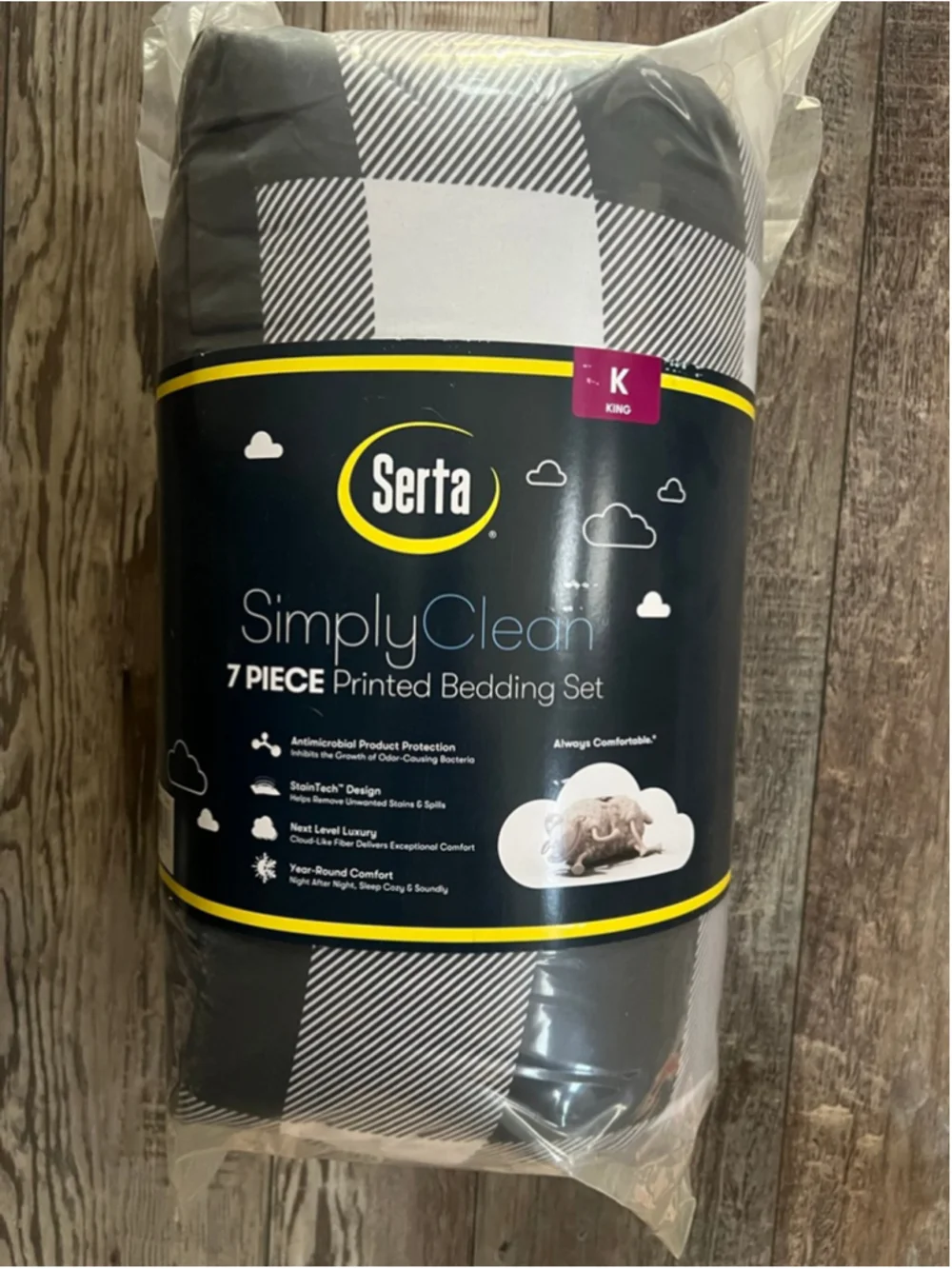 NEW Serta King Black White Buffalo Plaid 7 Piece Printed Bedding Set